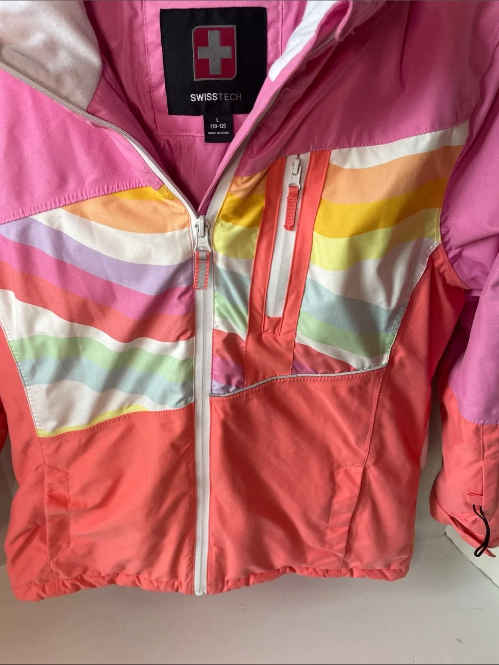 Swiss Tech Size 10-12  Girls Pink & Coral Colorblock Hooded Puffer Coat
